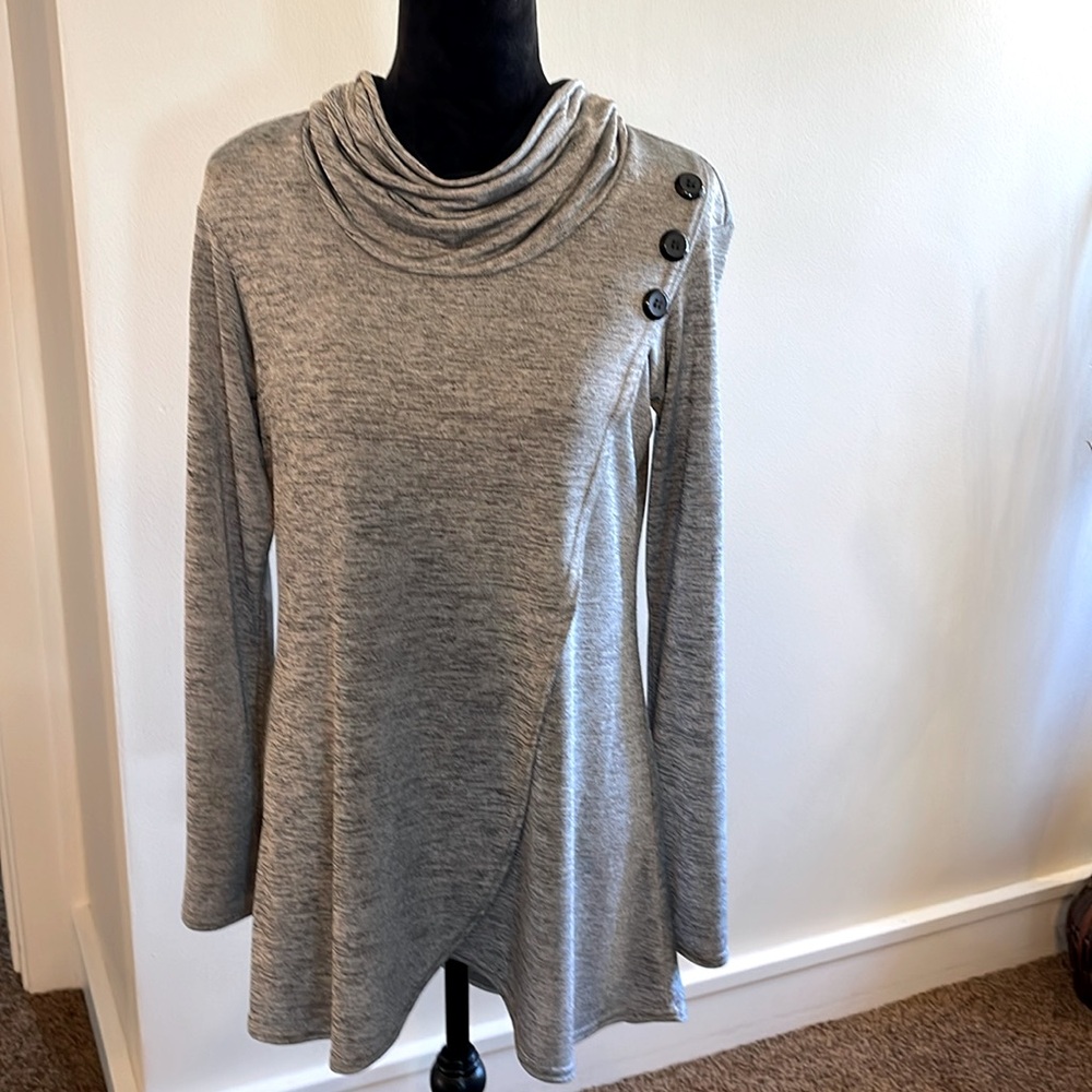 Cowl neck tunic top. The fabric is very lightweight and has a slight shimmer.